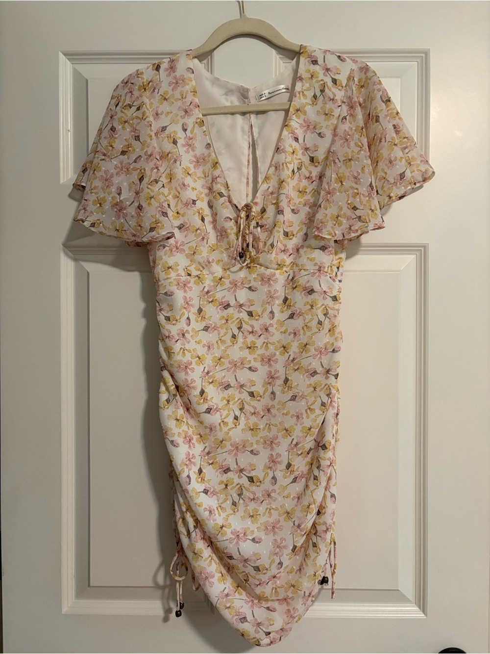 Flutter-Sleeve Tie-Front Mini Dress in Pink and Yellow